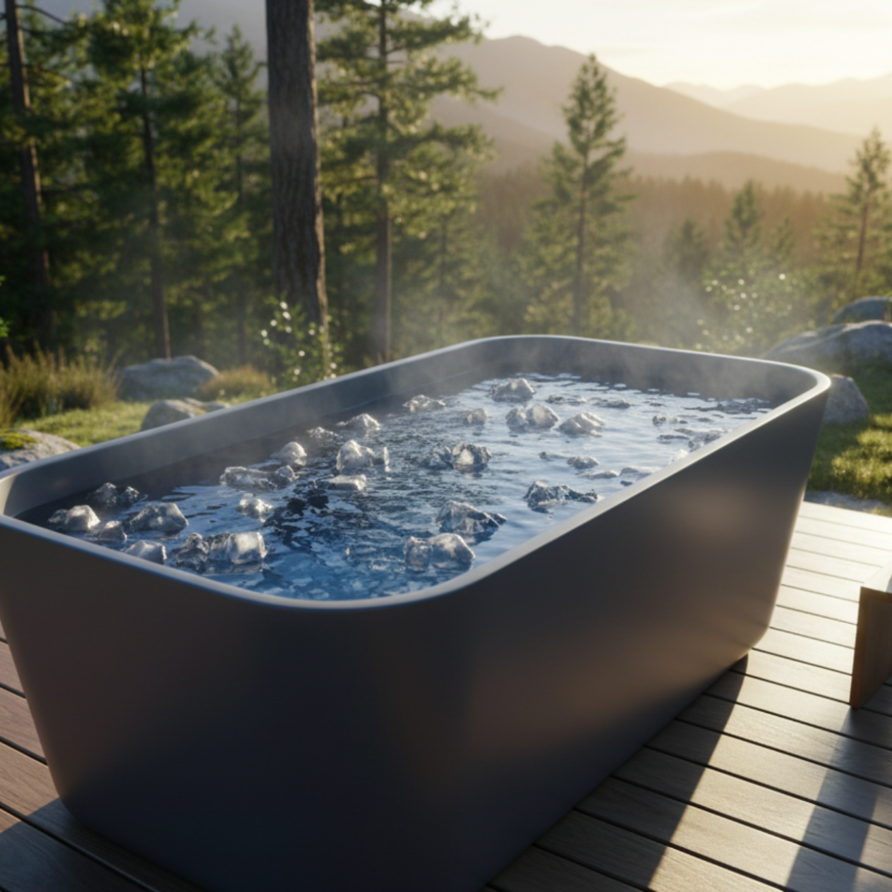Dual-zone cold plunge pool for two on a wooden deck